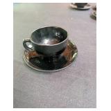 Black Glass Cup and Saucer Set With Geometric Caddy (Lot of 5)