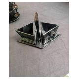 Black Glass Cup and Saucer Set With Geometric Caddy (Lot of 5)