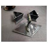 Black Glass Cup and Saucer Set With Geometric Caddy (Lot of 5)