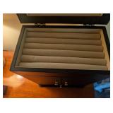 Black Wooden Jewelry Armoire With Watch Rolls and Drawer