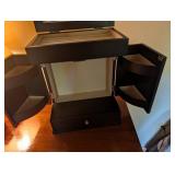 Black Wooden Jewelry Armoire With Watch Rolls and Drawer