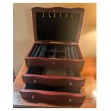 Wood Jewelry Box With 3 Drawers & Necklace Hooks