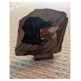 Signed Painted Stone Dog & Bird Decor on Wood Stand