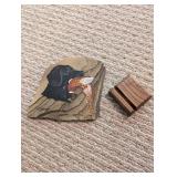 Signed Painted Stone Dog & Bird Decor on Wood Stand