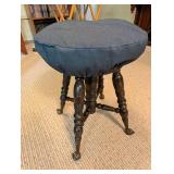 Vintage Round Upholstered Stool With Turned Wood Legs