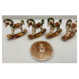 Misc. Miniature Hand-Painted Porcelain Rocking Horses Made In The Philippines 3 1/4" x 3 1/4" And Hand Painted Porcelain Lion Plaque 3" x 3 3/4"