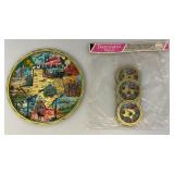 Vintage Tin TEXAS "The Lone Star State" Souvenir Tray Or Wall plaque & 6 Coasters In original Packaging