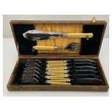 Vintage Epns Engraved Fish Flatware Set Of 6 With Fuax Bone handles (Cracks Present In Handles) In Original Case