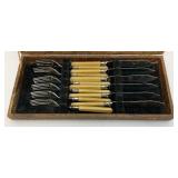 Vintage Epns Engraved Fish Flatware Set Of 6 With Fuax Bone handles (Cracks Present In Handles) In Original Case