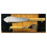 Vintage Epns Engraved Fish Flatware Set Of 6 With Fuax Bone handles (Cracks Present In Handles) In Original Case
