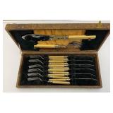 Vintage Epns Engraved Fish Flatware Set Of 6 With Fuax Bone handles (Cracks Present In Handles) In Original Case