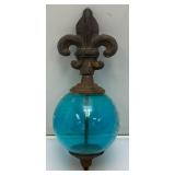 Antique Cast Iron Fleur De Lis Lightning Rod/ Yard Art With 3 1/2" Blue Glass Ball