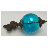 Antique Cast Iron Fleur De Lis Lightning Rod/ Yard Art With 3 1/2" Blue Glass Ball