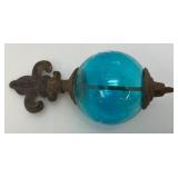Antique Cast Iron Fleur De Lis Lightning Rod/ Yard Art With 3 1/2" Blue Glass Ball