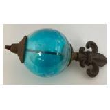Antique Cast Iron Fleur De Lis Lightning Rod/ Yard Art With 3 1/2" Blue Glass Ball