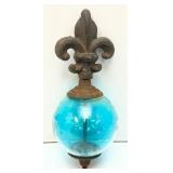 Antique Cast Iron Fleur De Lis Lightning Rod/ Yard Art With 3 1/2" Blue Glass Ball
