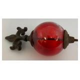 Antique Cast Iron Fleur De Lis Lightning Rod/ Yard Art With 3 1/2" Red Glass Ball
