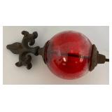 Antique Cast Iron Fleur De Lis Lightning Rod/ Yard Art With 3 1/2" Red Glass Ball