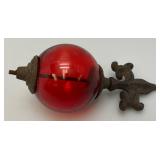 Antique Cast Iron Fleur De Lis Lightning Rod/ Yard Art With 3 1/2" Red Glass Ball