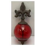 Antique Cast Iron Fleur De Lis Lightning Rod/ Yard Art With 3 1/2" Red Glass Ball