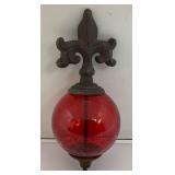 Antique Cast Iron Fleur De Lis Lightning Rod/ Yard Art With 3 1/2" Red Glass Ball