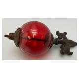 Antique Cast Iron Fleur De Lis Lightning Rod/ Yard Art With 3 1/2" Red Glass Ball