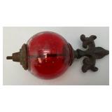 Antique Cast Iron Fleur De Lis Lightning Rod/ Yard Art With 3 1/2" Red Glass Ball