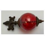 Antique Cast Iron Fleur De Lis Lightning Rod/ Yard Art With 3 1/2" Red Glass Ball