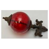 Antique Cast Iron Fleur De Lis Lightning Rod/ Yard Art With 3 1/2" Red Glass Ball