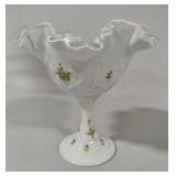 Fenton "Violets in the Snow" Spanish Lace Hand Painted Silver Crest Compote