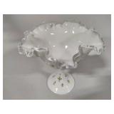 Fenton "Violets in the Snow" Spanish Lace Hand Painted Silver Crest Compote