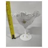 Fenton "Violets in the Snow" Spanish Lace Hand Painted Silver Crest Compote