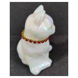 Fenton Iridescent Cat Figurine w/Red Rhinestone Collar