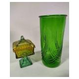 Vintage Candy Dish & Hoosier Green Glass Vase.