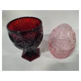 Dark Red Candy Dish & Pink Glass Egg