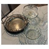Cake Dish, Pewter Tray & Glass Serving Pieces Mixed Lot