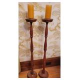 Tall Turned Cherry Pillar Candlesticks, Pair