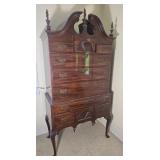 Queen Anne Style Mahogany Highboy Chest with Bonnet Top