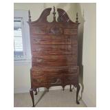 Queen Anne Style Mahogany Highboy Chest with Bonnet Top