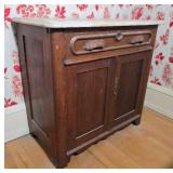 Antique Marble Top Cabinet with Carved Wood Doors (AS)