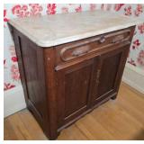Antique Marble Top Cabinet with Carved Wood Doors (AS)