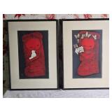 Stamped Modern Fine Art Japanese Woodblock Print Pair - Kaoru Kawano - Girl and Bird / Girl with Flowers