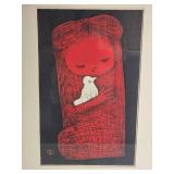 Stamped Modern Fine Art Japanese Woodblock Print Pair - Kaoru Kawano - Girl and Bird / Girl with Flowers