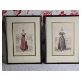 Brilliant Vintage 19th c. Colored Etching Fashion Print Pair - Costume de St. Lo / Costume de Cherbourg