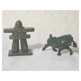 Green Verdite Stone Warthog and Inukshuk Serpentine Statue