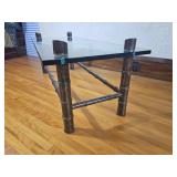 Hollywood Regency Rattan Cocktail Table with lead Glass Top and Bamboo Frame