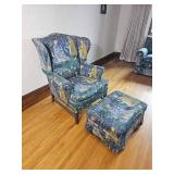 English Jacquard Tapestry Armchair and Ottoman