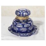 Vintage Bohemian Cobalt Cut to Clear Inkwell