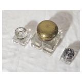 Antique Crystal Inkwell Set with Brass & Sterling Lids