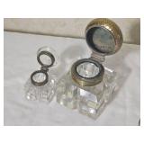 Antique Crystal Inkwell Set with Brass & Sterling Lids